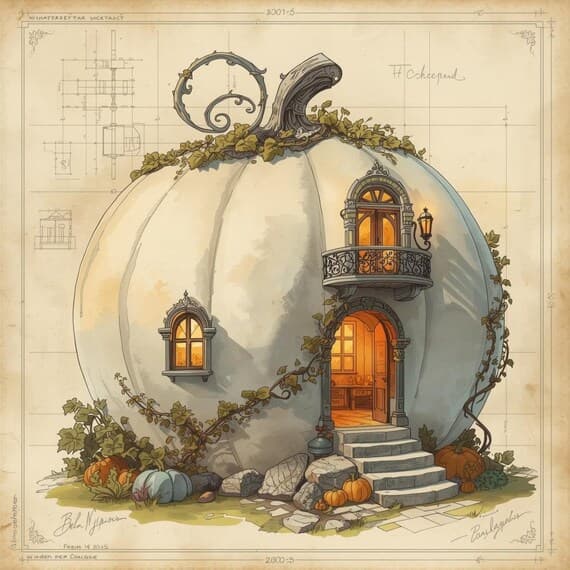 Retro Pumpkin House Blueprint Art , Printable Halloween Wall Decor , F β view 7 β watercolor clipart transparent PNG instant download
