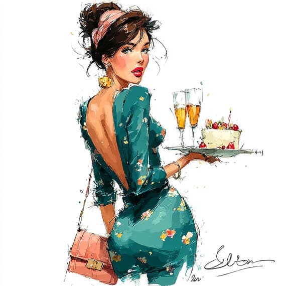 15 Fashion Illustration Set, Elegant Women with Cake and Wine Art, Wat — view 7 — watercolor clipart transparent PNG instant download