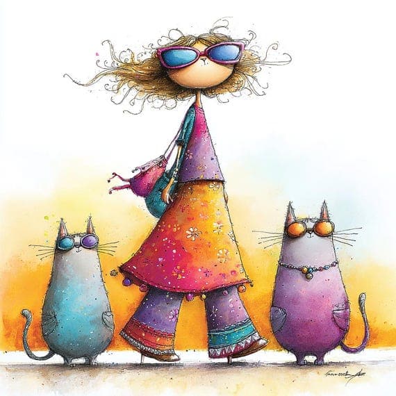 13 Quirky Retro Woman & Cats Clipart (JPG PNG) β view 8 β watercolor clipart transparent PNG instant download