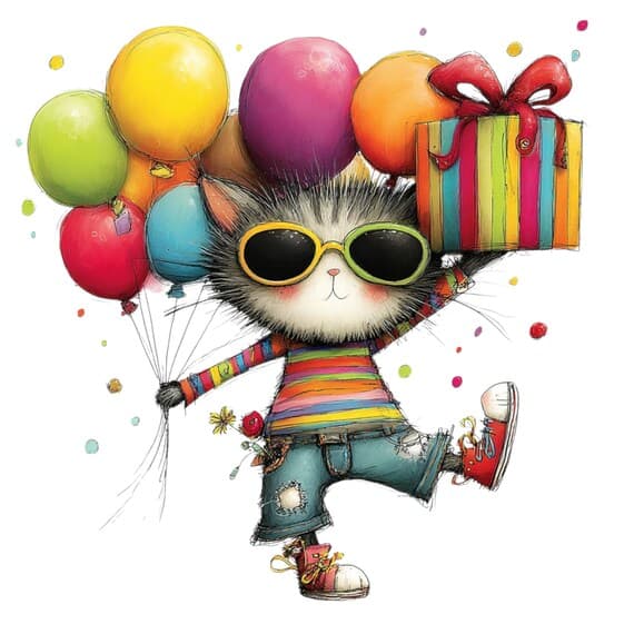 12 Clipart Quirky Happy Birthday Cats Printable β view 8 β watercolor clipart transparent PNG instant download