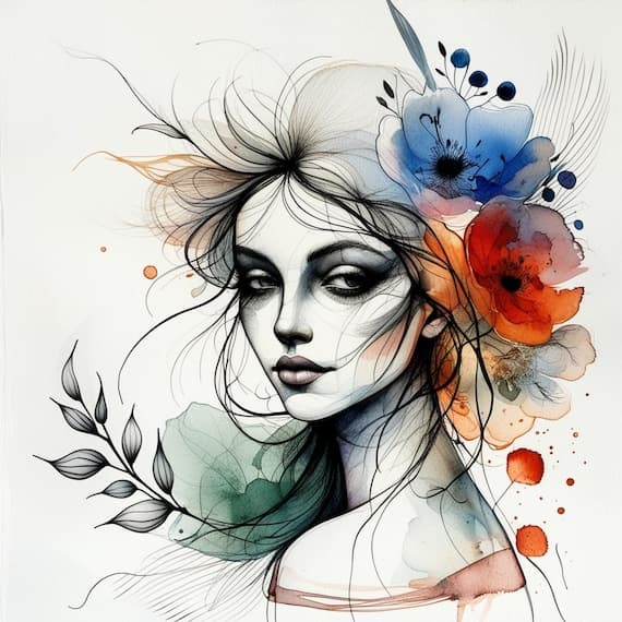 15 Whimsical Floral Woman Face Clipart β view 2 β watercolor clipart transparent PNG instant download