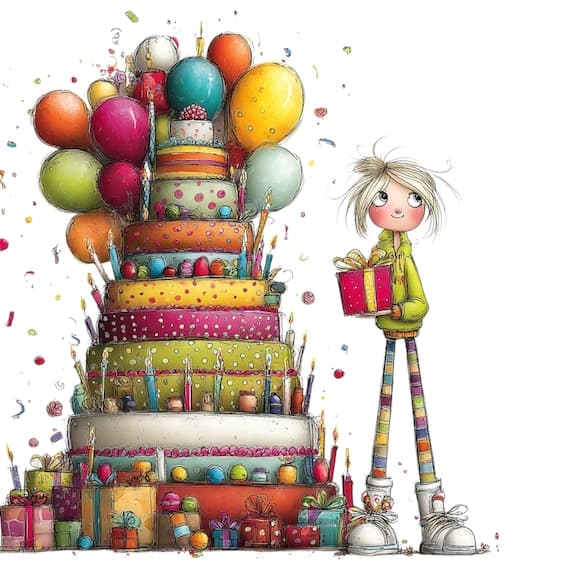 15 Quirky Birthday Girl Clipart Bundle – Fun Cake & Balloon Illustrati — view 2 — watercolor clipart transparent PNG instant download