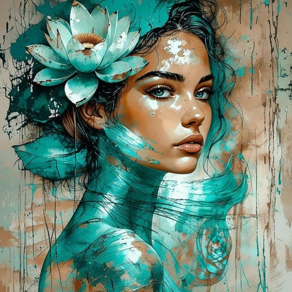 Teal Lotus Woman Watercolor Art β view 2 β watercolor clipart transparent PNG instant download