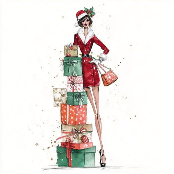20 Fashion Girls with Gift Box PNG Clipart, Christmas Holiday Graphics — watercolor clipart transparent PNG instant download