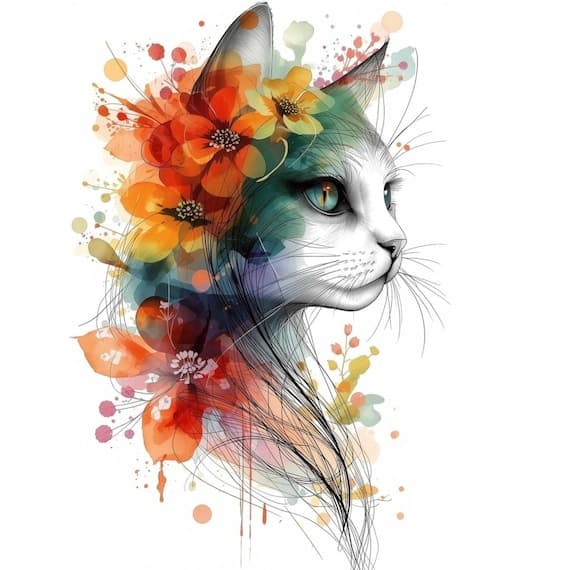 Watercolor Floral Cat Clipart — watercolor clipart transparent PNG instant download