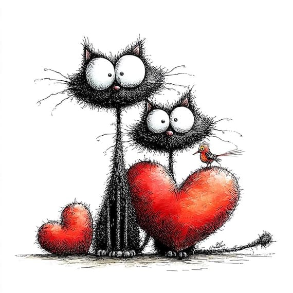 30 Whimsical Cat Love Clipart (PNG JPG) β watercolor clipart transparent PNG instant download