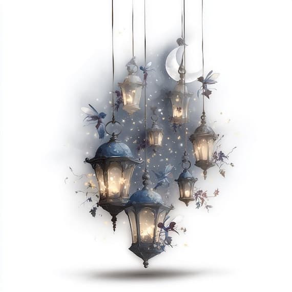 20 Moonlight Fairy Lantern Clipart β watercolor clipart transparent PNG instant download