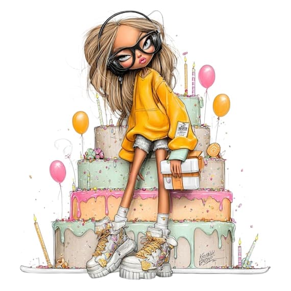 10 Birthday Girl Clipart Bundle – Quirky Cake Art & Fun Party Illustra — view 2 — watercolor clipart transparent PNG instant download