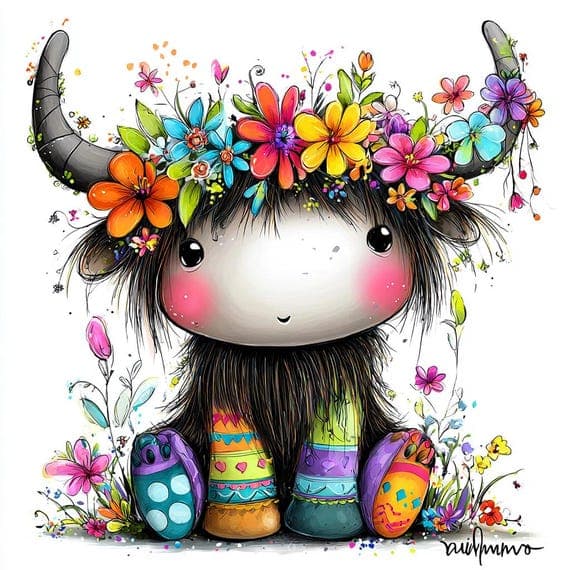 Watercolor Highland Cow Clipart, Floral Crown (Digital Download) โ view 6 โ watercolor clipart transparent PNG instant download