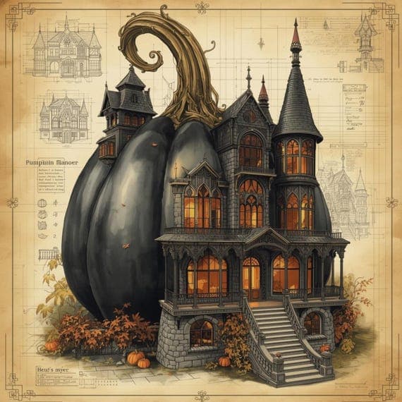 Retro Pumpkin House Blueprint Art , Printable Halloween Wall Decor , F β view 3 β watercolor clipart transparent PNG instant download