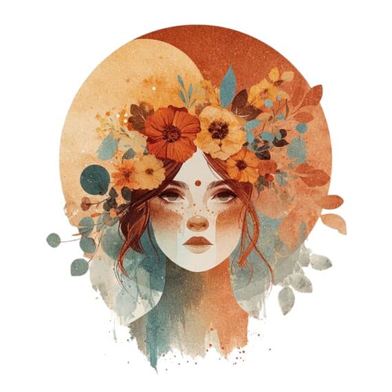 Terracotta Floral Goddess Clipart – Boho Celestial Woman Faces (PNG JP — view 4 — watercolor clipart transparent PNG instant download