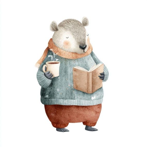 Cozy Animal Watercolor Clipart – Coffee, Reading (Digital Download) — view 8 — watercolor clipart transparent PNG instant download