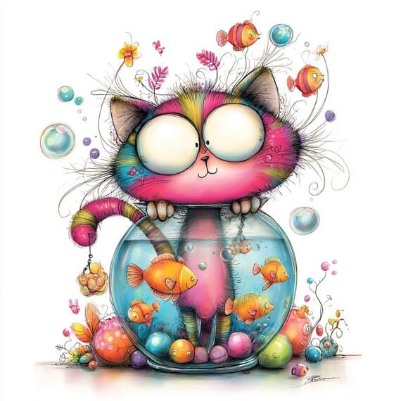 Abstract Whimsical Cat Clipart , 10 Colorful Kitty Fishbowl Art , Prin — watercolor clipart transparent PNG instant download