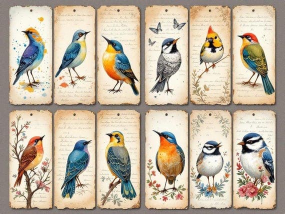 Vintage Bird Ephemera, Printable Bird Cards, Junk Journal Tags (Digita β watercolor clipart transparent PNG instant download