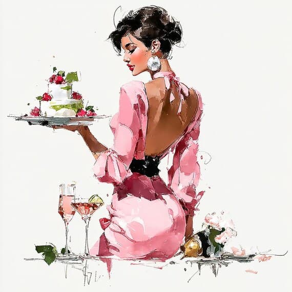 15 Fashion Illustration Set, Elegant Women with Cake and Wine Art, Wat — view 2 — watercolor clipart transparent PNG instant download