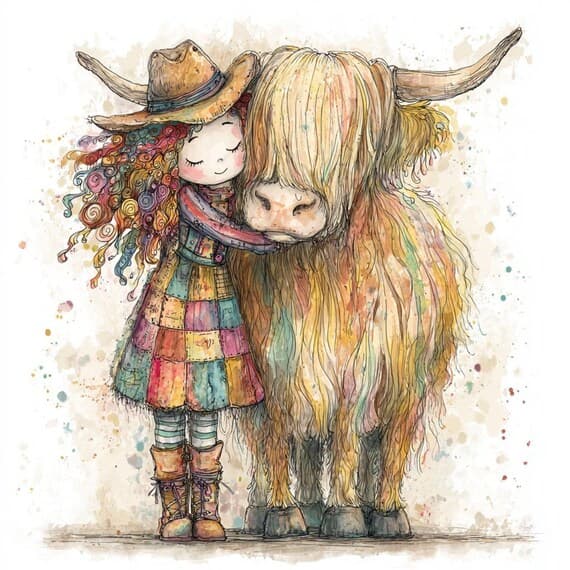 12 Quirky Cowgirl and Highland Cow Clip Art Set β view 3 β watercolor clipart transparent PNG instant download