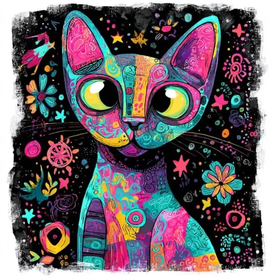 Psychedelic Neon Cat Clipart โ view 2 โ watercolor clipart transparent PNG instant download