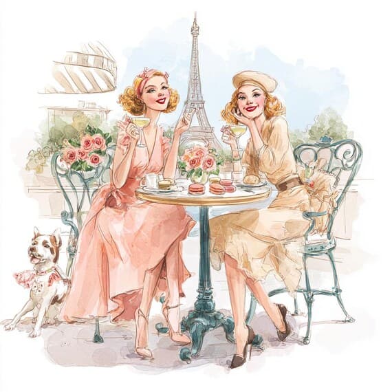 Paris Cafe Watercolor Art Print, Friends, Eiffel Tower (Digital Downlo β view 6 β watercolor clipart transparent PNG instant download