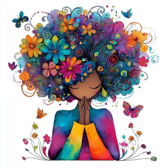 15 Colorful Praying Afro Woman Clipart, whimsical Art for Crafts — watercolor clipart transparent PNG instant download