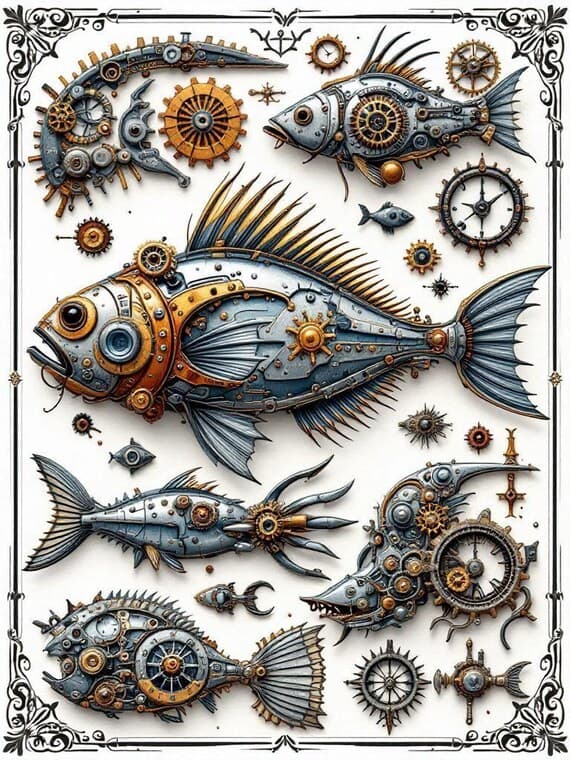 100 Steampunk Fish 100+ PNG Bundle β view 4 β watercolor clipart transparent PNG instant download