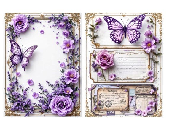 Purple Ephemera Kit, Vintage Junk Journal Pages (Digital Download) β view 6 β watercolor clipart transparent PNG instant download