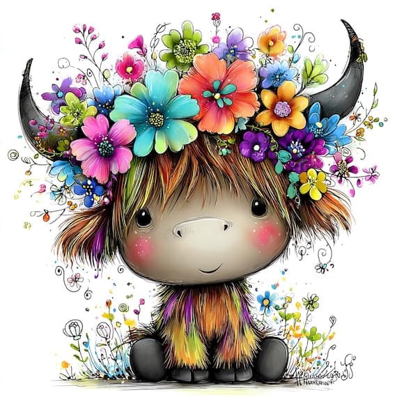 Watercolor Highland Cow Clipart, Floral Crown (Digital Download) โ view 4 โ watercolor clipart transparent PNG instant download