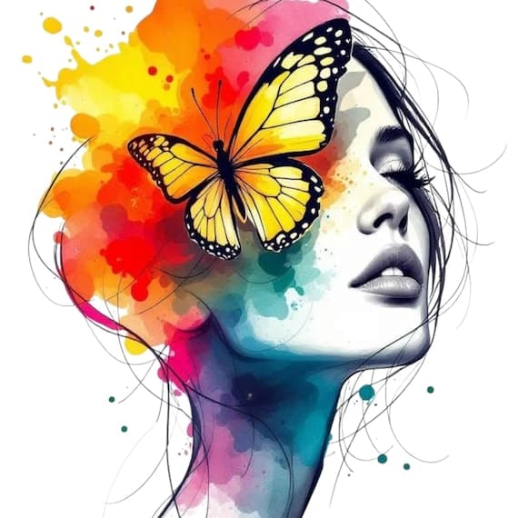 Floral Woman Face Clipart Bundle – Watercolor & Line Art (Digital Down — watercolor clipart transparent PNG instant download