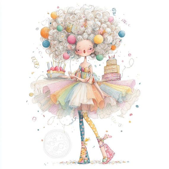 Quirky Birthday Lady Clipart – Watercolor Party Art (JPG) — view 5 — watercolor clipart transparent PNG instant download
