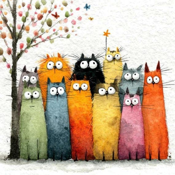 20 Whimsical Spring Cat Clipart PNG β view 4 β watercolor clipart transparent PNG instant download