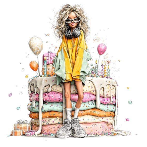 10 Birthday Girl Clipart Bundle – Quirky Cake Art & Fun Party Illustra — view 3 — watercolor clipart transparent PNG instant download