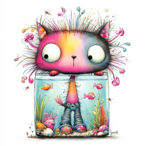 Abstract Whimsical Cat Clipart , 10 Colorful Kitty Fishbowl Art , Prin β view 2 β watercolor clipart transparent PNG instant download