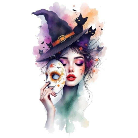 Glam Witch PNG β Halloween Woman Portrait, Bats & Florals (Transparent β watercolor clipart transparent PNG instant download