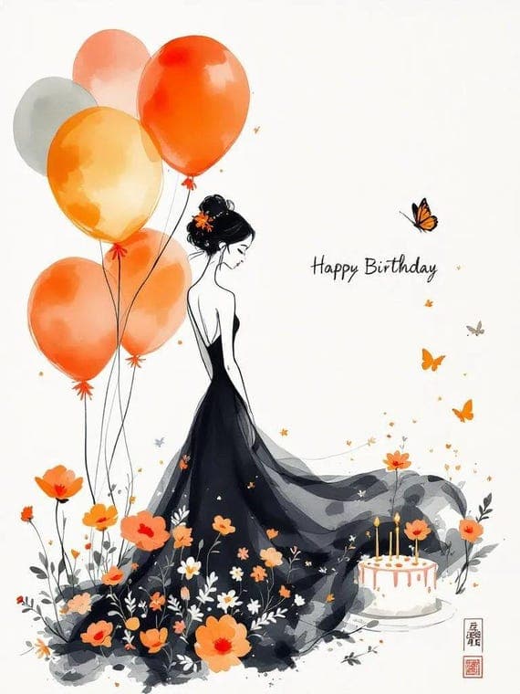 Birthday Girl Watercolor Clipart – Floral Balloons, Cake (JPG) — watercolor clipart transparent PNG instant download