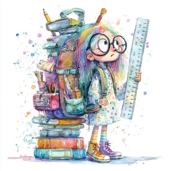 Whimsical First Day of School Girl Clipart β view 2 β watercolor clipart transparent PNG instant download
