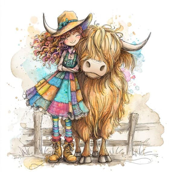 12 Quirky Cowgirl and Highland Cow Clip Art Set β view 2 β watercolor clipart transparent PNG instant download