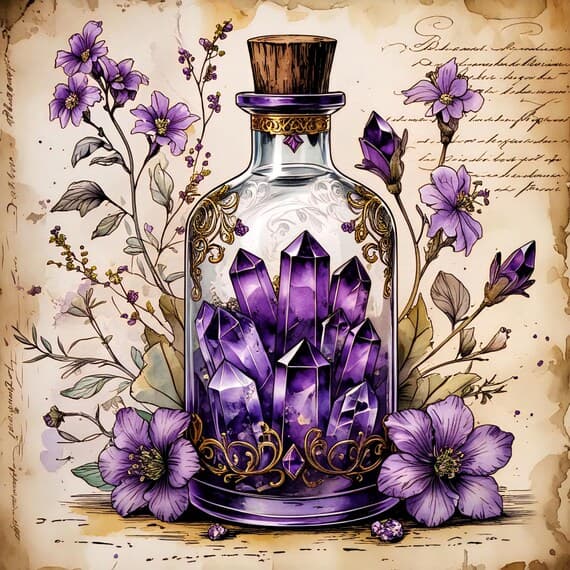 Watercolor Crystal Potion Bottle Clipart – Witchy Elixir Art (JPG) — view 4 — watercolor clipart transparent PNG instant download