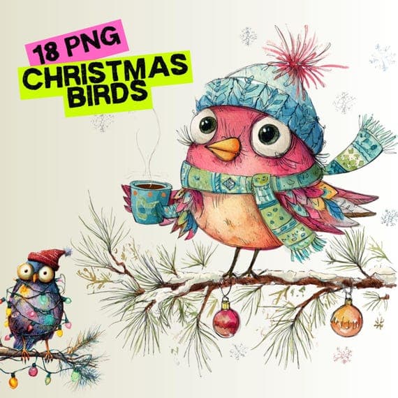 18 Christmas Bird Clipart Set β watercolor clipart transparent PNG instant download