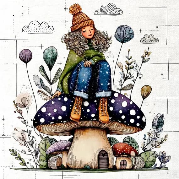 18 Whimsical Mushroom Girl Clipart PNG β watercolor clipart transparent PNG instant download