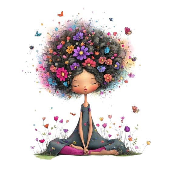 15 Afro Floral Meditation Girl Clipart (PNG JPG) – Peaceful Spiritual — view 5 — watercolor clipart transparent PNG instant download