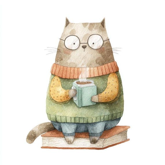 Cozy Animal Watercolor Clipart – Coffee, Reading (Digital Download) — watercolor clipart transparent PNG instant download
