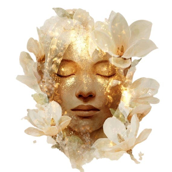 15 Golden Magnolia Woman Faces Clipart (PNG JPG) – Celestial Floral Go — view 6 — watercolor clipart transparent PNG instant download