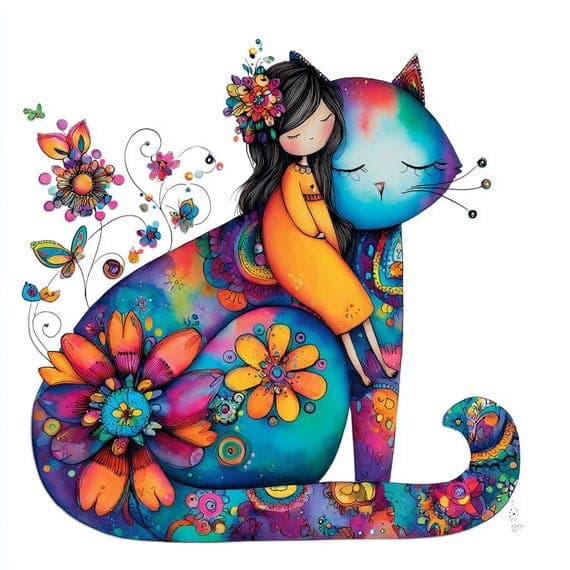 12 Boho Woman and Cat Clipart β view 2 β watercolor clipart transparent PNG instant download