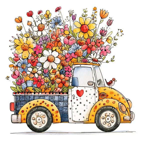 20 Whimsical Flower Truck Clipart PNG β watercolor clipart transparent PNG instant download