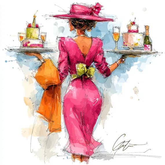 15 Fashion Illustration Prints, Elegant Women with Cake and Champagne, β watercolor clipart transparent PNG instant download