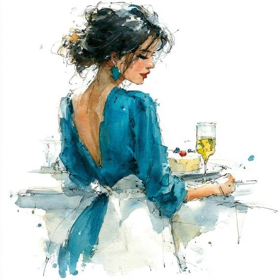 15 Watercolor Fashion Illustrations, Elegant Women with Wine and Cake, — view 6 — watercolor clipart transparent PNG instant download