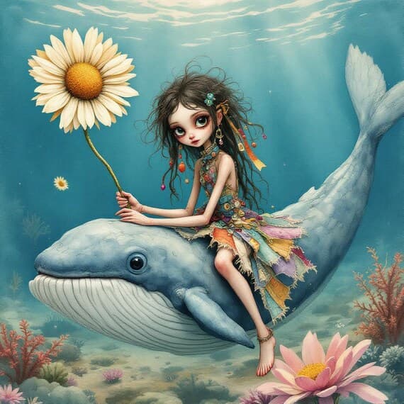Girl on Whale Clipart Set – Whimsical Fantasy Art (20 JPG) — view 2 — watercolor clipart transparent PNG instant download