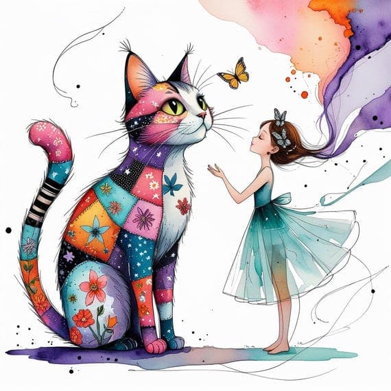 Watercolor Floral Cat & Girl Clipart β view 4 β watercolor clipart transparent PNG instant download