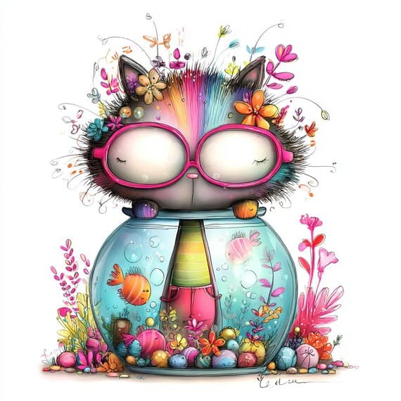 Abstract Whimsical Cat Clipart , 10 Colorful Kitty Fishbowl Art , Prin β view 6 β watercolor clipart transparent PNG instant download