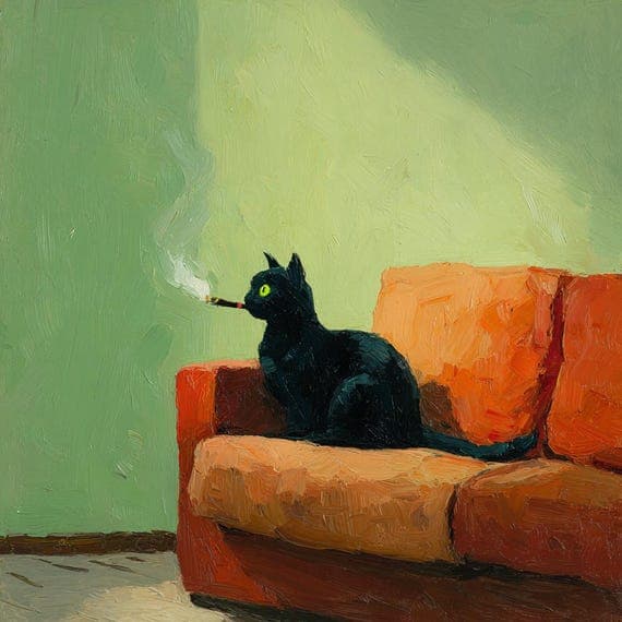 Funny Black Cat Smoking Oil Painting Clipart, Quirky Pet Art (Digital β view 2 β watercolor clipart transparent PNG instant download
