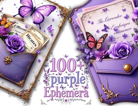 Purple Ephemera Kit, Vintage Junk Journal Pages (Digital Download) β view 5 β watercolor clipart transparent PNG instant download